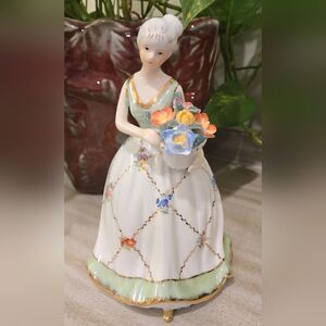VINTAGE Figurine with Floral Dress, 8 inches